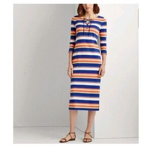 Lauren Ralph Lauren M Womens Blue Striped 3/4 Sleeve Tea-Length Cotton Dress